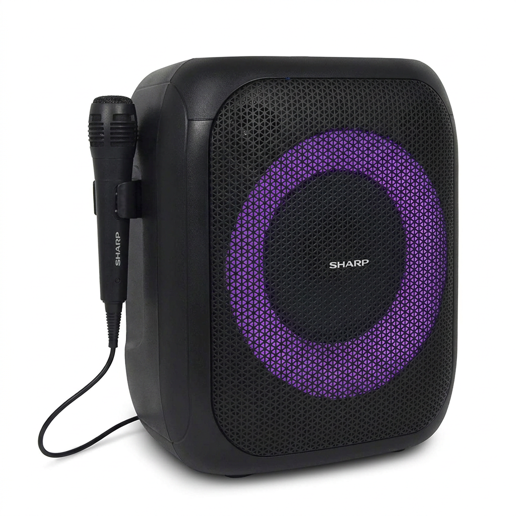Photorealistic studio photo of the Sharp PS-914 party speaker with purple LED light and wired microphone, angled left on a pure white background with a soft shadow.