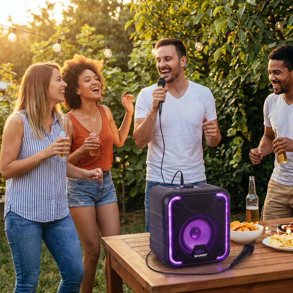 A group of friends enjoy a backyard karaoke party during golden hour, laughing and singing into the microphone of the Sharp PS-914 portable speaker which is set on a wooden table with its purple lights glowing.