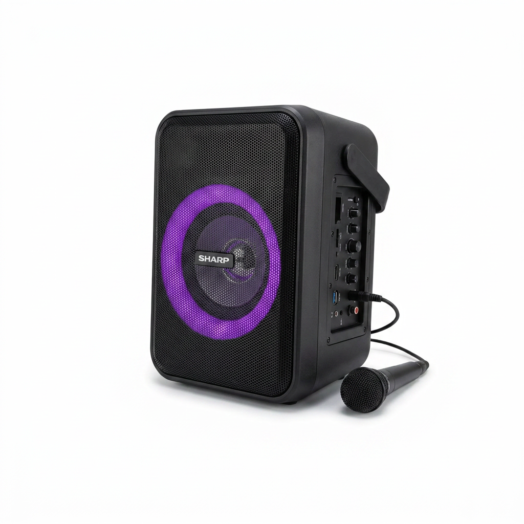 A studio product photograph of the Sharp PS-914 speaker and microphone, angled to see the right-side controls on a white background with a natural shadow.