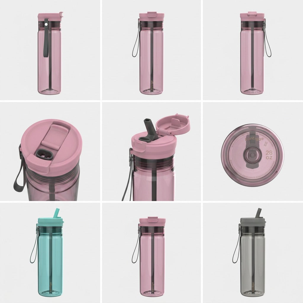 Contigo 28 oz water bottle 3x3 grid showing angles, lid close-ups, and colors.