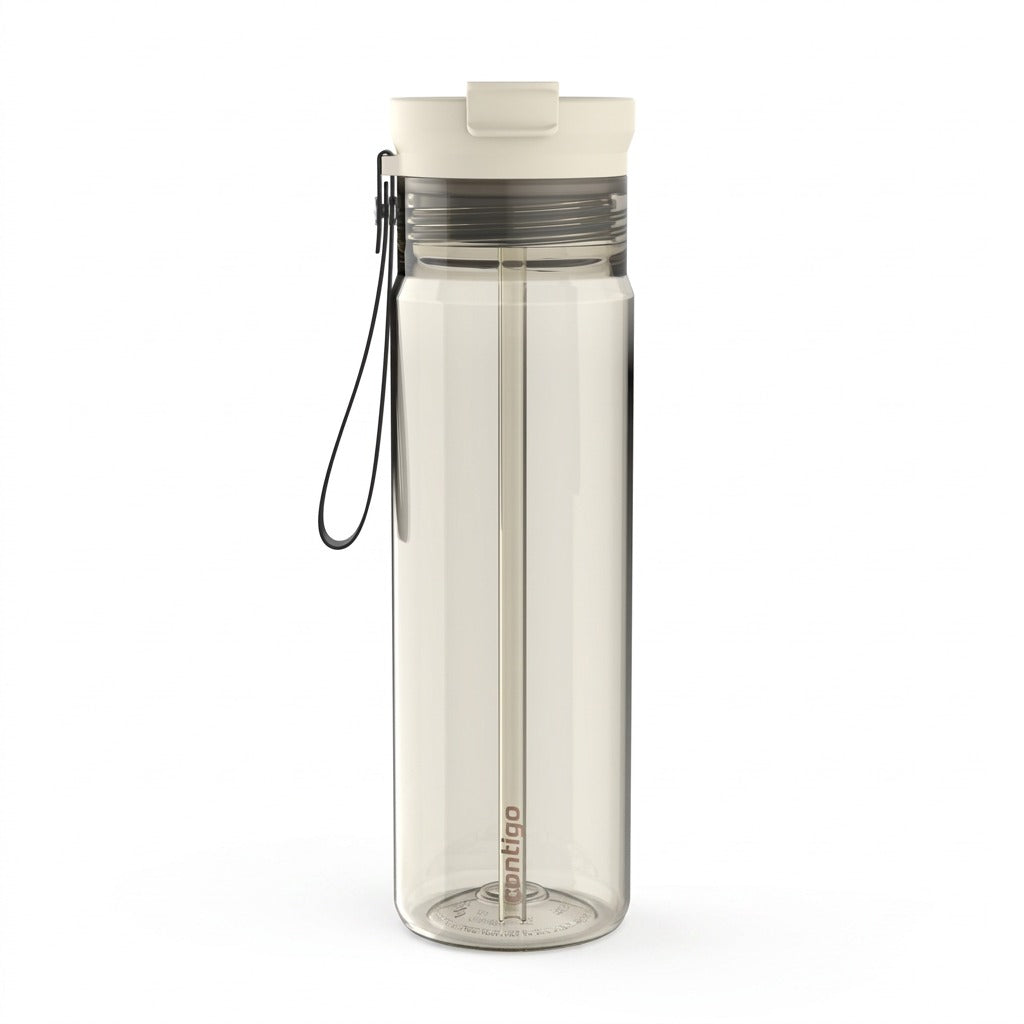A high-resolution ecommerce hero shot of the Contigo 28 oz Dual Sip Plastic Oatmilk water bottle.
