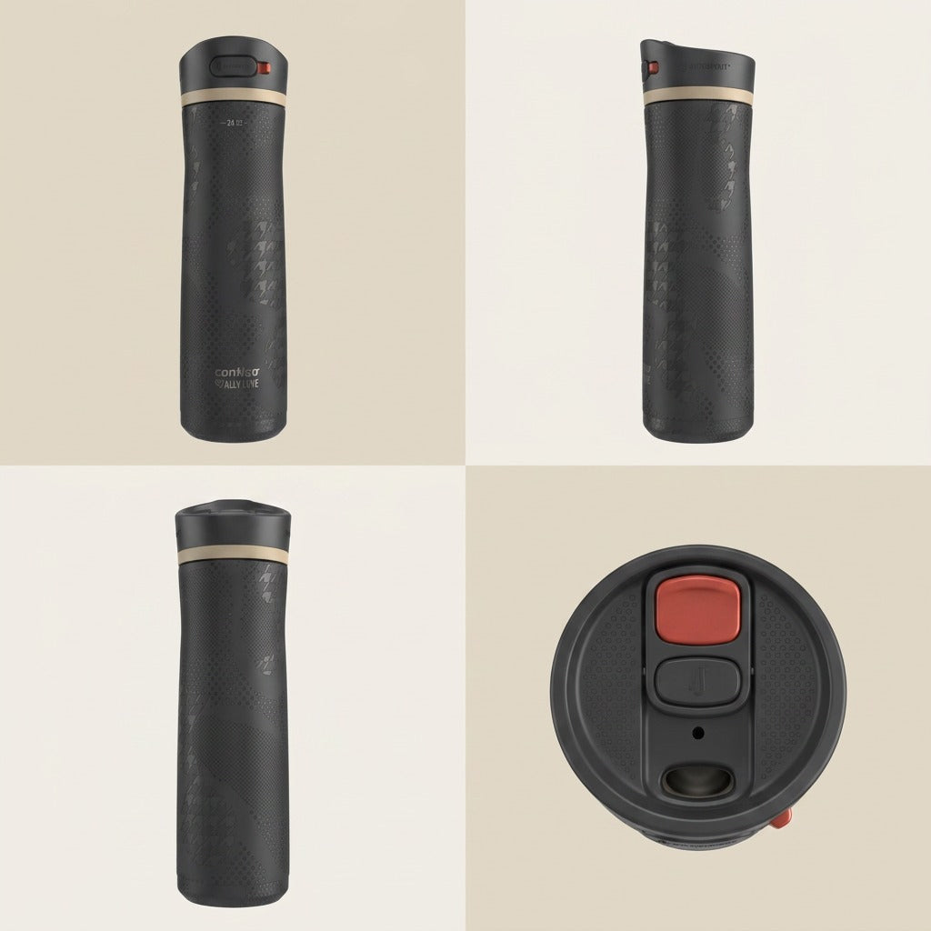 An ecommerce grid displaying four views of the Contigo x Ally Love water bottle from front, side, back, and top.