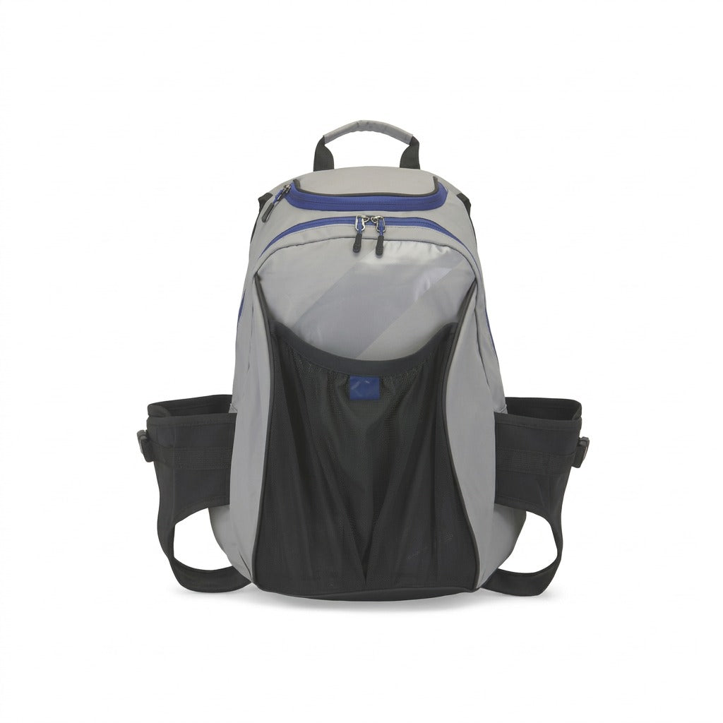 Bugatti K&B Sport Tremblant 45L Boot Backpack in grey with blue trim and mesh front pocket.
