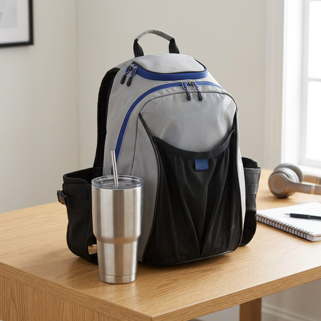 Bugatti K&B Tremblant 45L grey boot bag on a desk next to a stainless steel tumbler for scale.