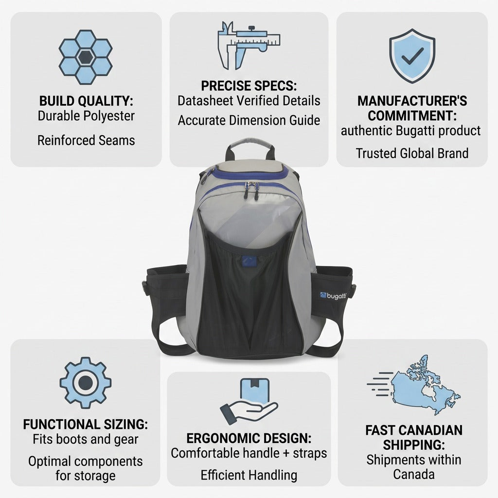 Bugatti K&B Sport Tremblant grey boot bag infographic highlighting quality and fast Canada shipping.