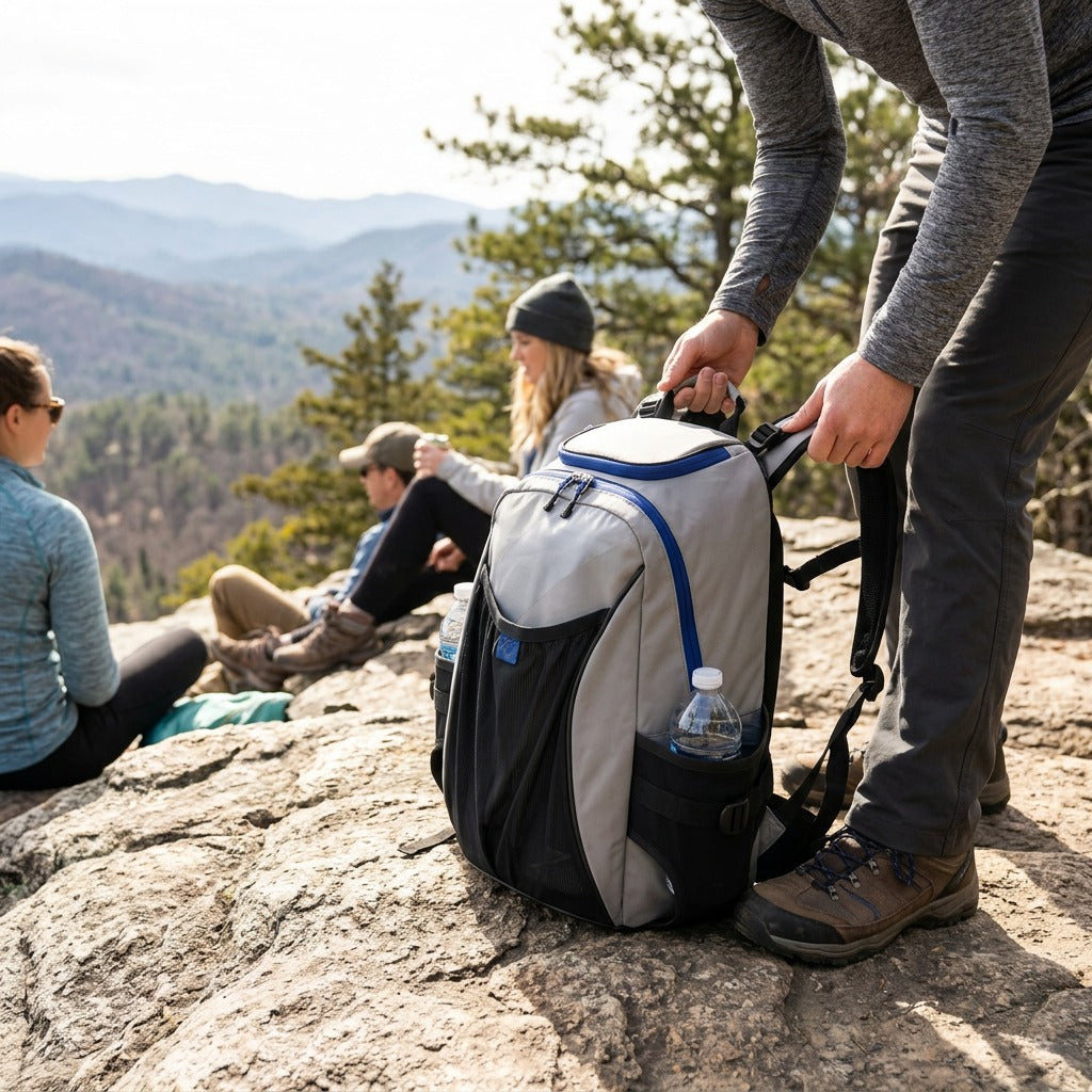 Person picking up a grey and blue Bugatti Tremblant Boot Backpack during a mountain hike lifestyle.