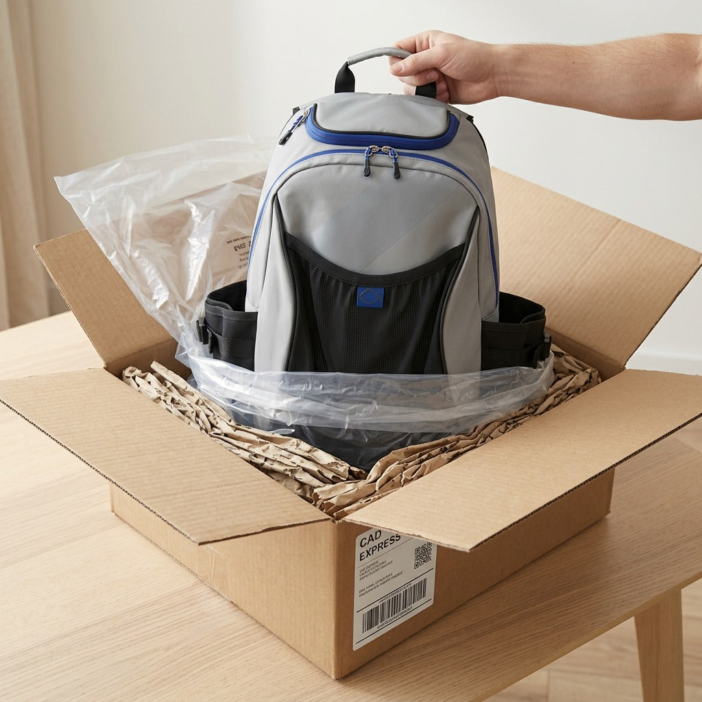 A hand unboxing a grey Bugatti K&B Sport Tremblant 45L boot bag from a cardboard shipping box.