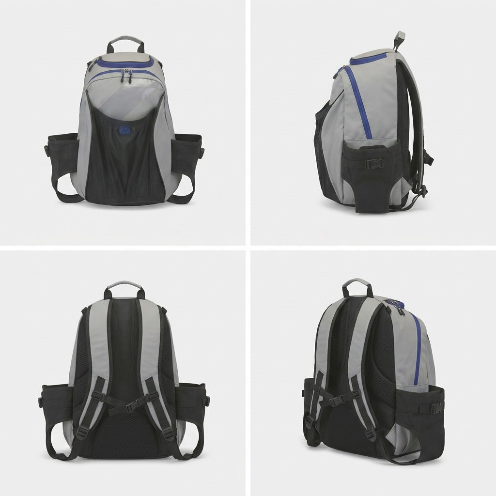 Multiple views of the grey and blue Bugatti K&B Sport Tremblant 45L boot backpack gear carrier.