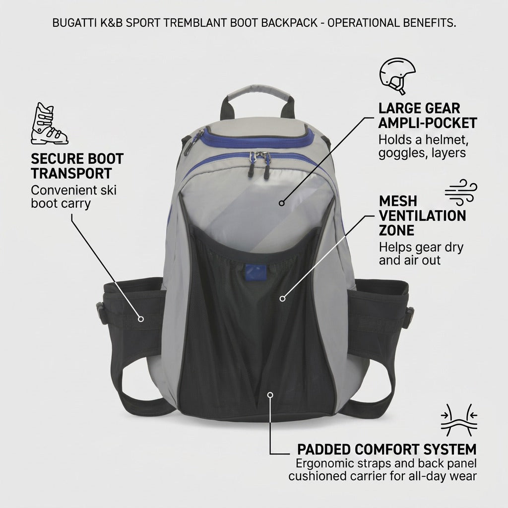Grey Bugatti Tremblant boot backpack featuring side boot holsters, gear pocket, and mesh ventilation.