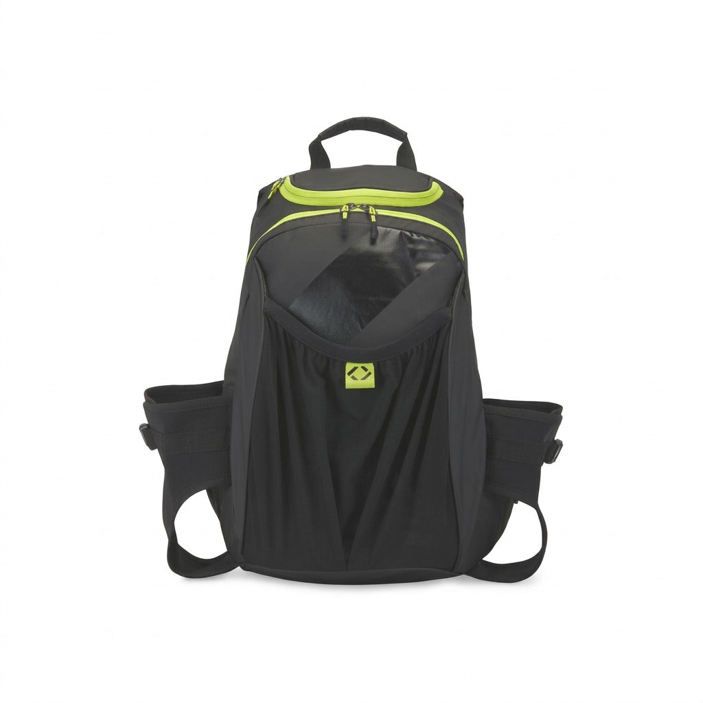Bugatti Tremblant 45L Boot Backpack in black with lime green zippers and mesh front storage pocket.