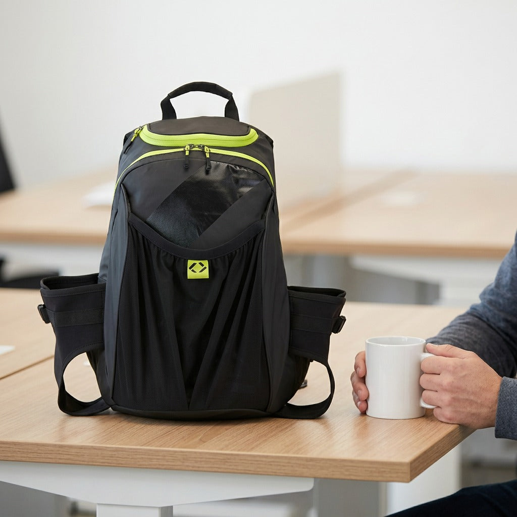 Scale reference: Bugatti Tremblant 45L black boot backpack on a desk next to a man holding a mug.