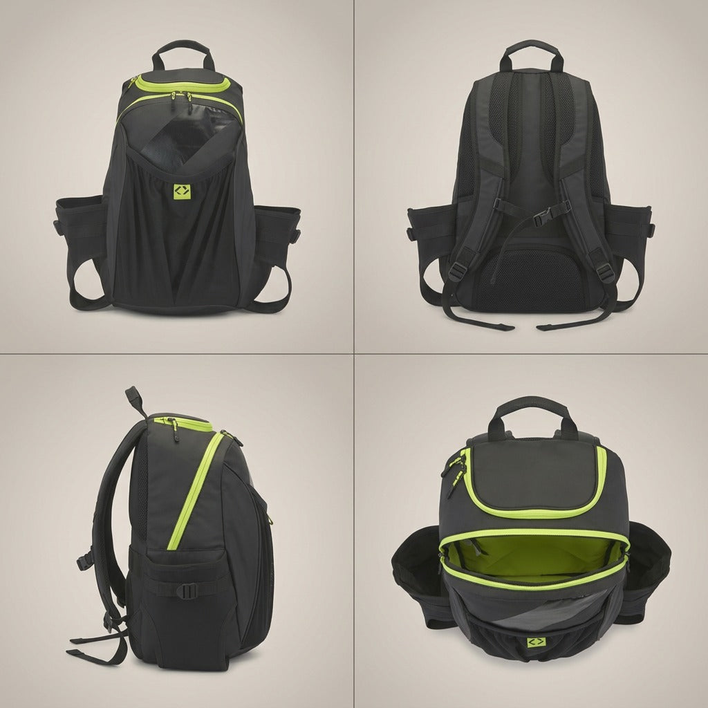Four-view matrix of the black Bugatti Tremblant 45L Boot Backpack showing front, back, and side.