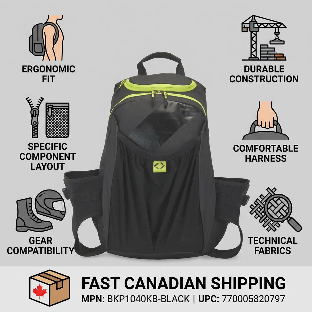 Bugatti Tremblant Boot Backpack infographic highlighting durable construction and Canadian shipping.