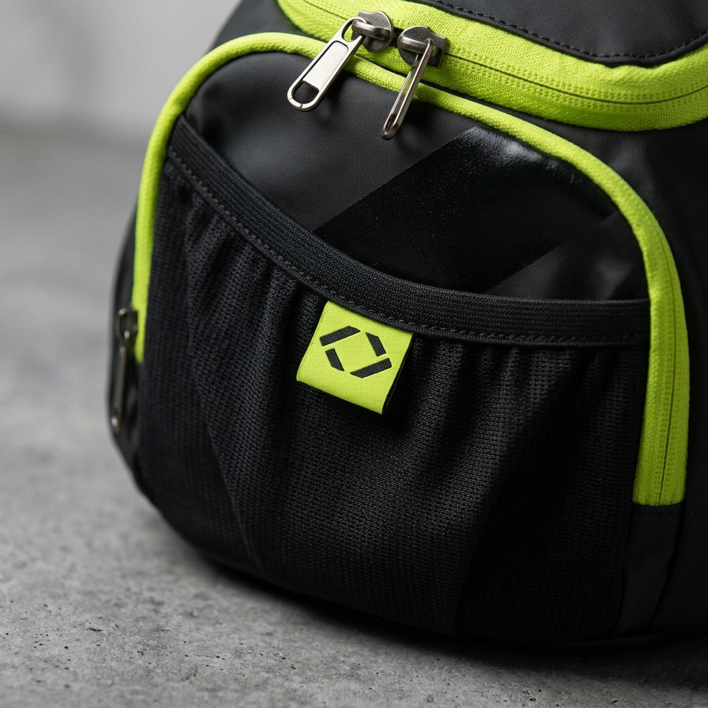 Close-up of the Bugatti Tremblant Boot Backpack showing black mesh pocket and lime green zippers.