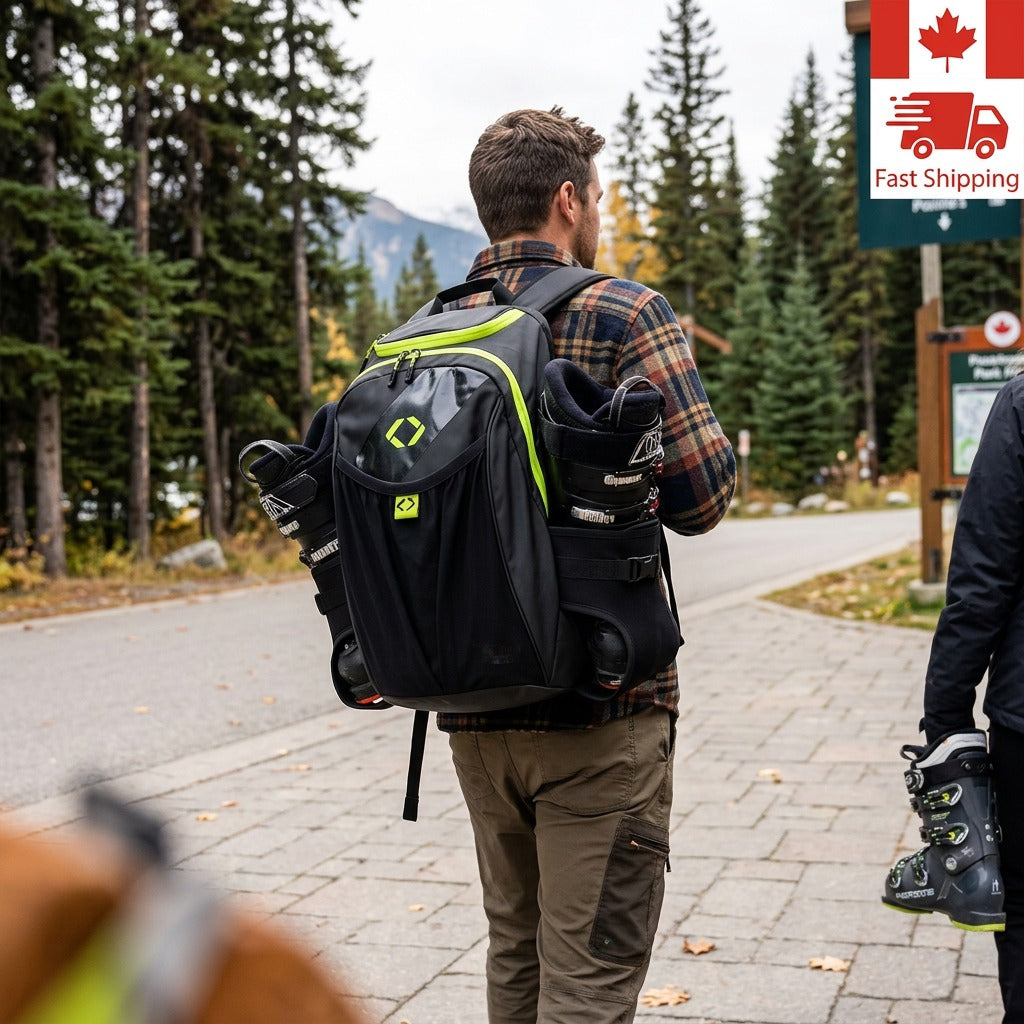 Person wearing a black and lime green Bugatti Tremblant 45L Boot Backpack carrying ski boots outdoors.