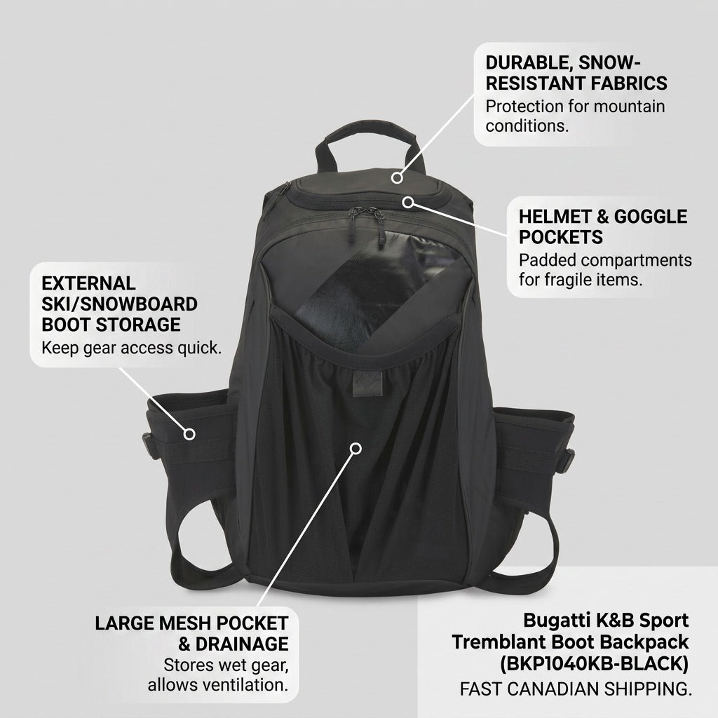 Bugatti Tremblant 45L Boot Backpack showing boot storage, mesh pockets, and water-resistant fabric.