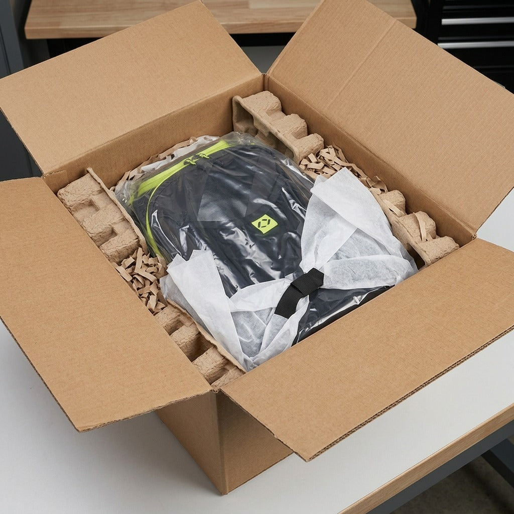Bugatti Tremblant Boot Backpack inside a cardboard shipping box with protective paper inserts.