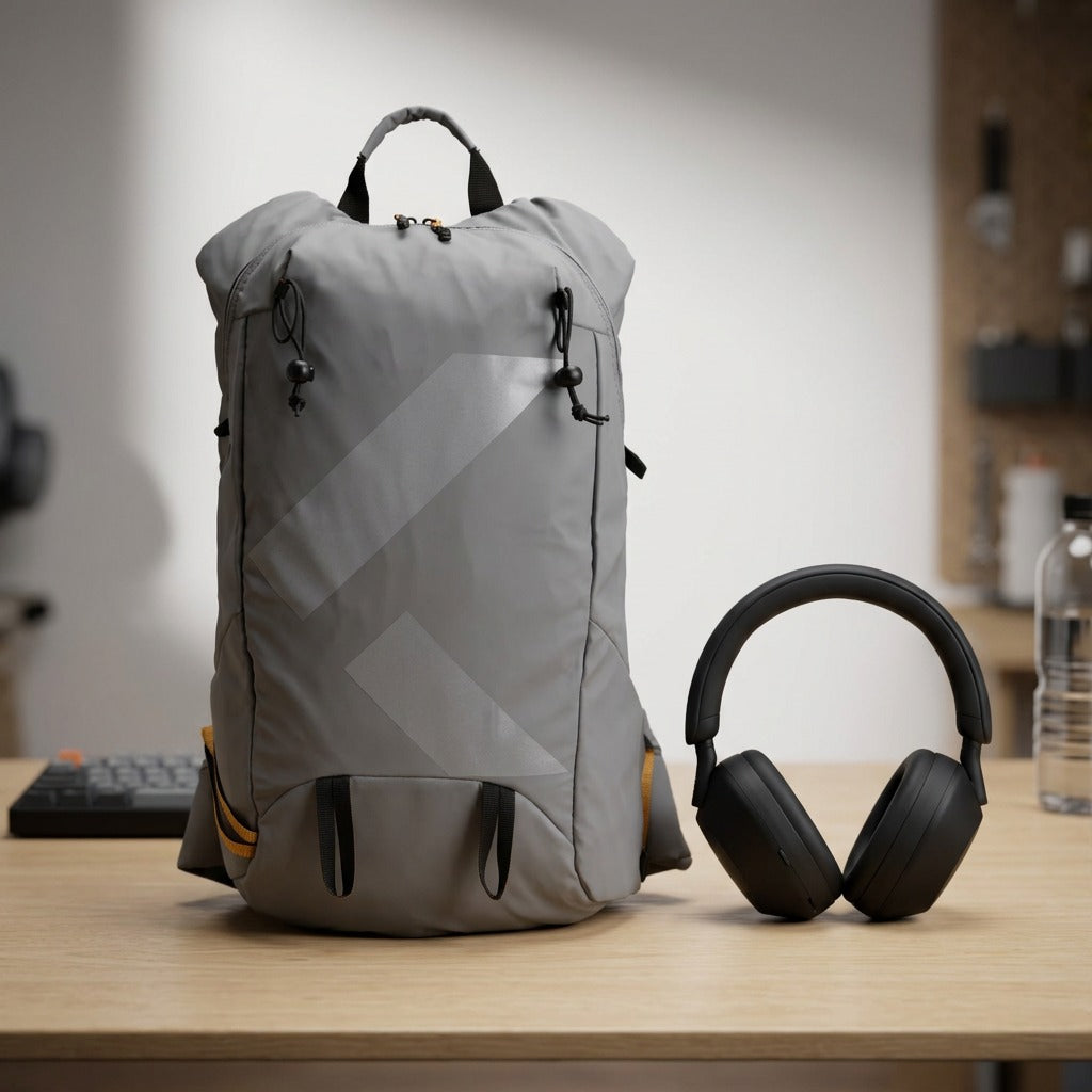 Scale reference of the grey Bugatti Rogers 20L Touring Backpack sitting next to black headphones.