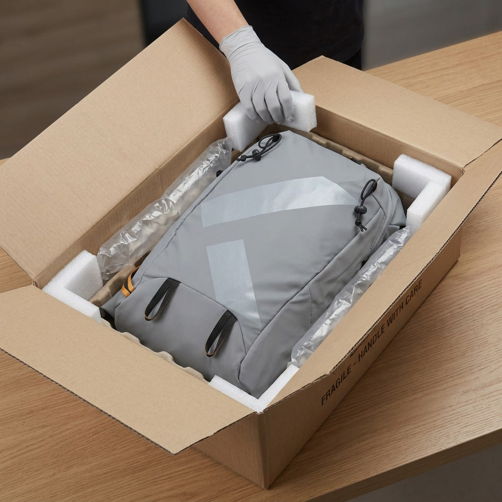 Greved hand unboxing a grey Bugatti Rogers 20L backpack from a cardboard box with foam protection.