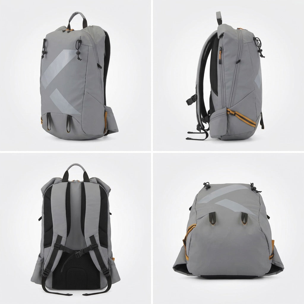Matrix of four different angles of the Bugatti Rogers Touring Backpack in ripstop grey 20L.