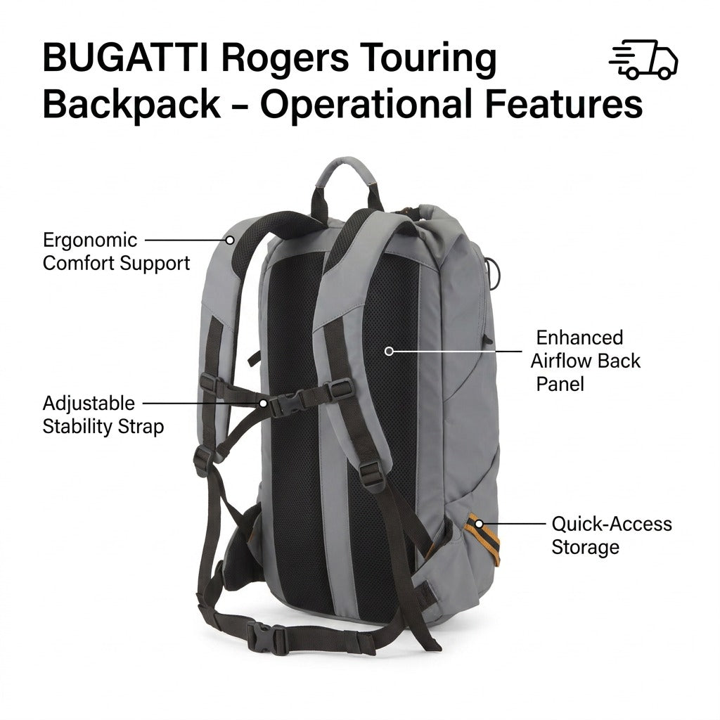Bugatti Rogers Touring Backpack features: ergonomic straps, airflow back panel, and stability strap.