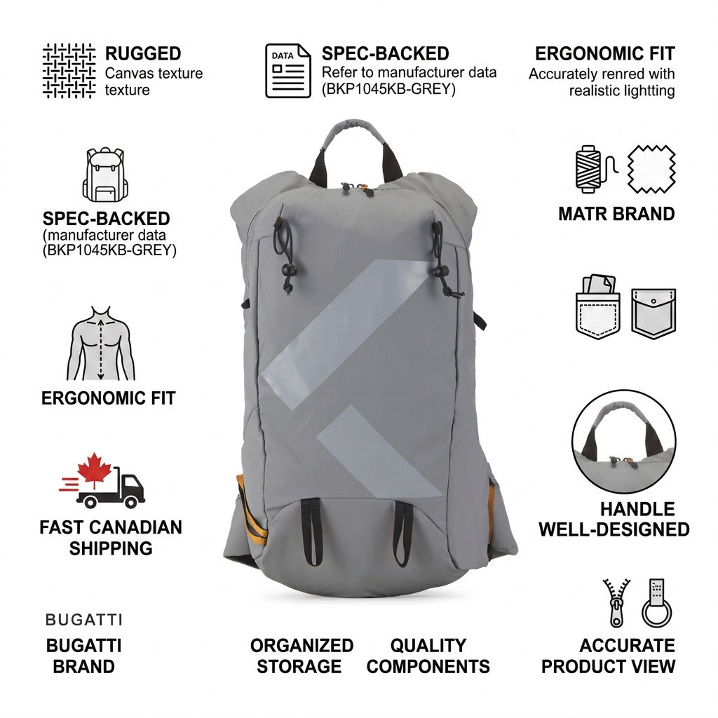 Bugatti Rogers Touring Backpack in grey ripstop with icons highlighting rugged build, ergonomic fit, and fast Canadian shipping.