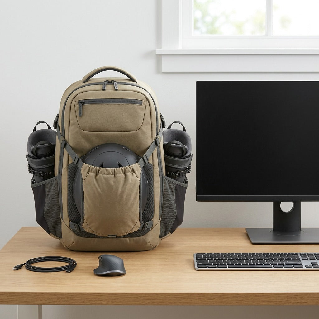 Khaki Bugatti Tremblant Boot Backpack next to a computer monitor, keyboard, and mouse for scale.
