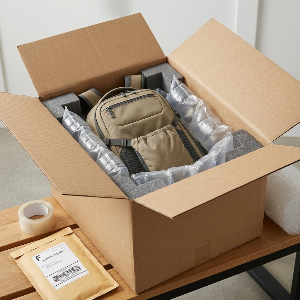A khaki Bugatti Tremblant Boot Backpack securely packed in a shipping box with protective air bags.