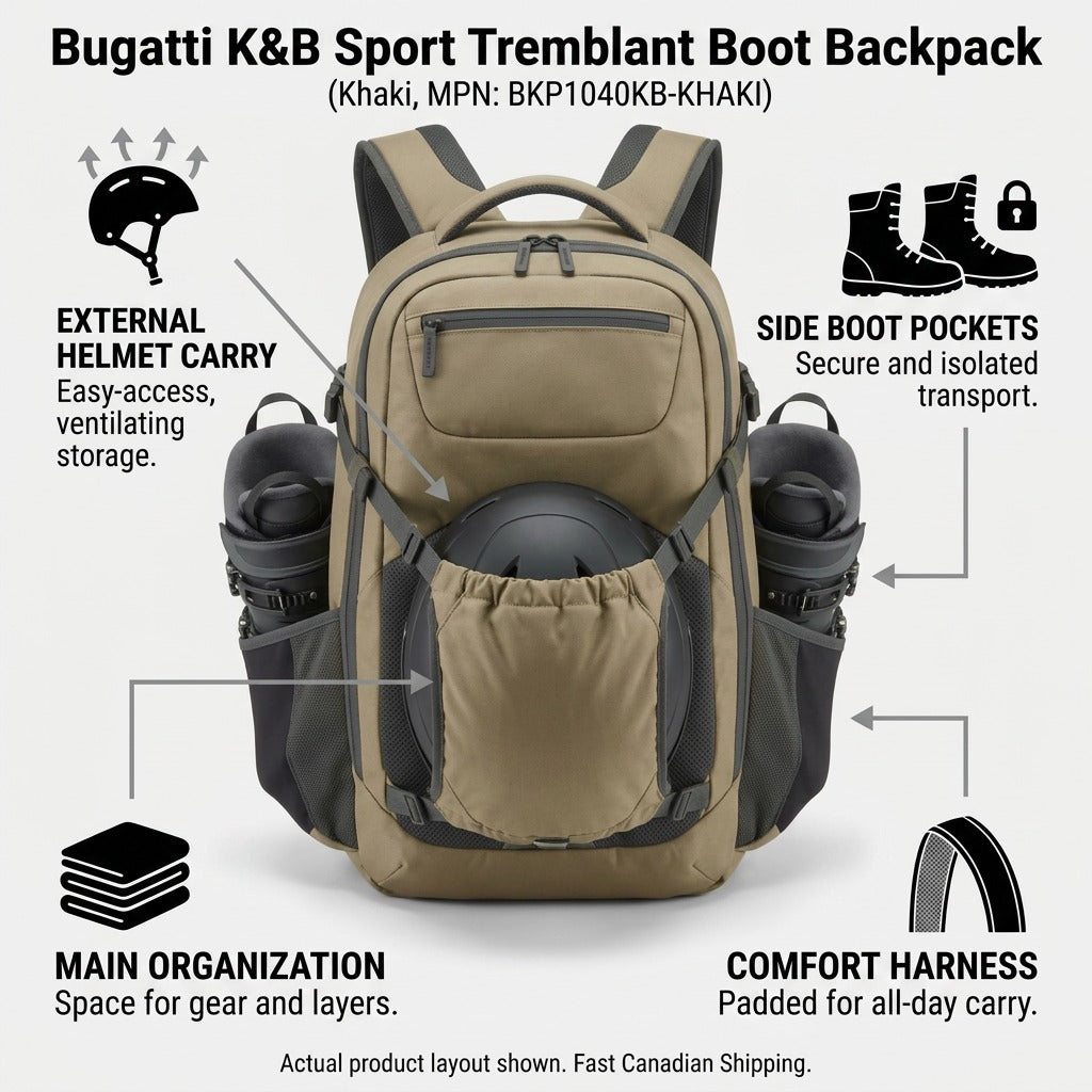 Bugatti Tremblant Boot Backpack in Khaki showing helmet carry, boot pockets, and padded harness.