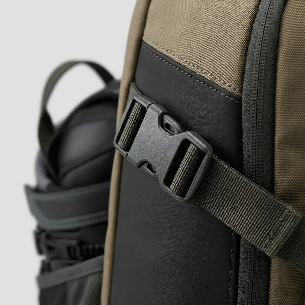 Macro view of the Bugatti Tremblant Boot Backpack khaki fabric and durable side release buckle.