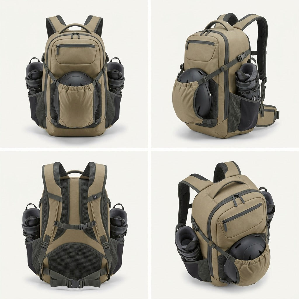 Four views of the khaki Bugatti Tremblant Boot Backpack showing helmet and boot storage options.