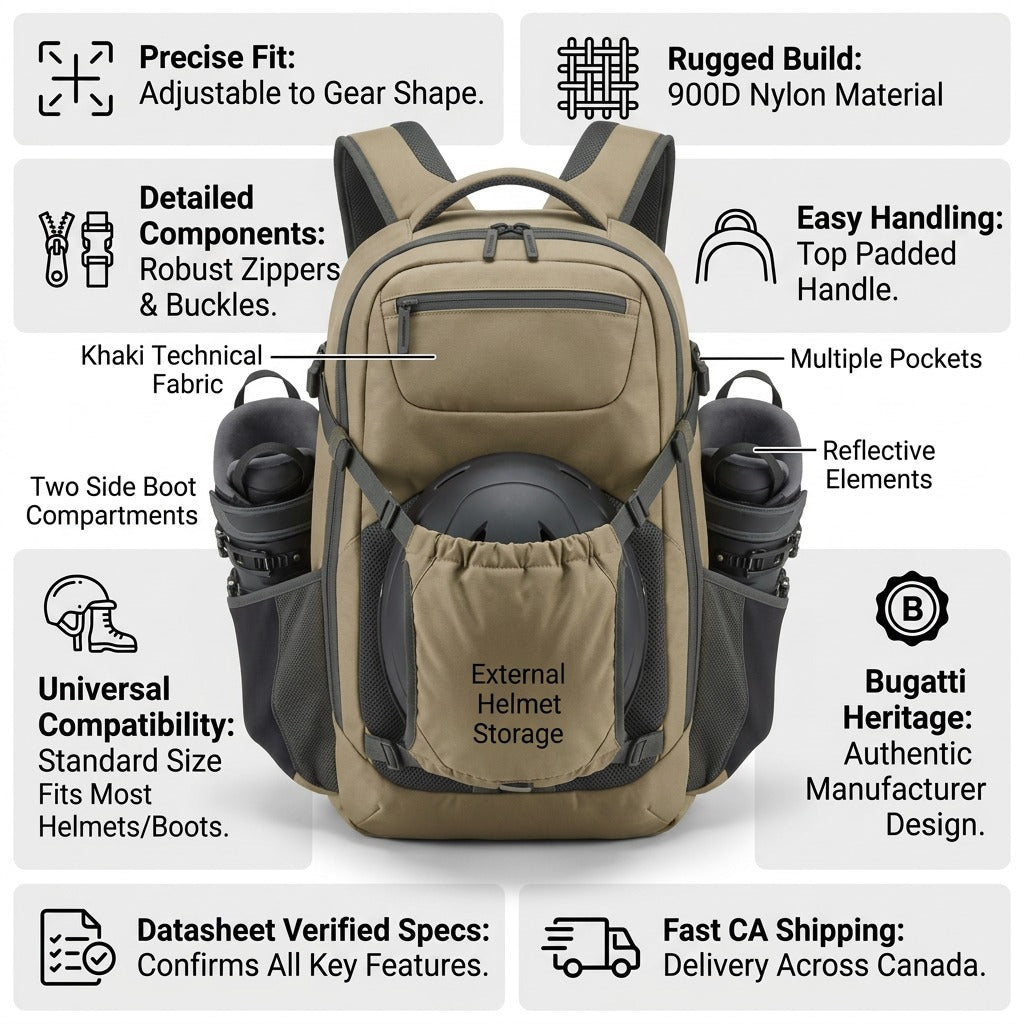 Infographic of the Bugatti Tremblant Khaki Boot Backpack showing features like 900D nylon, helmet storage, and side boot compartments.