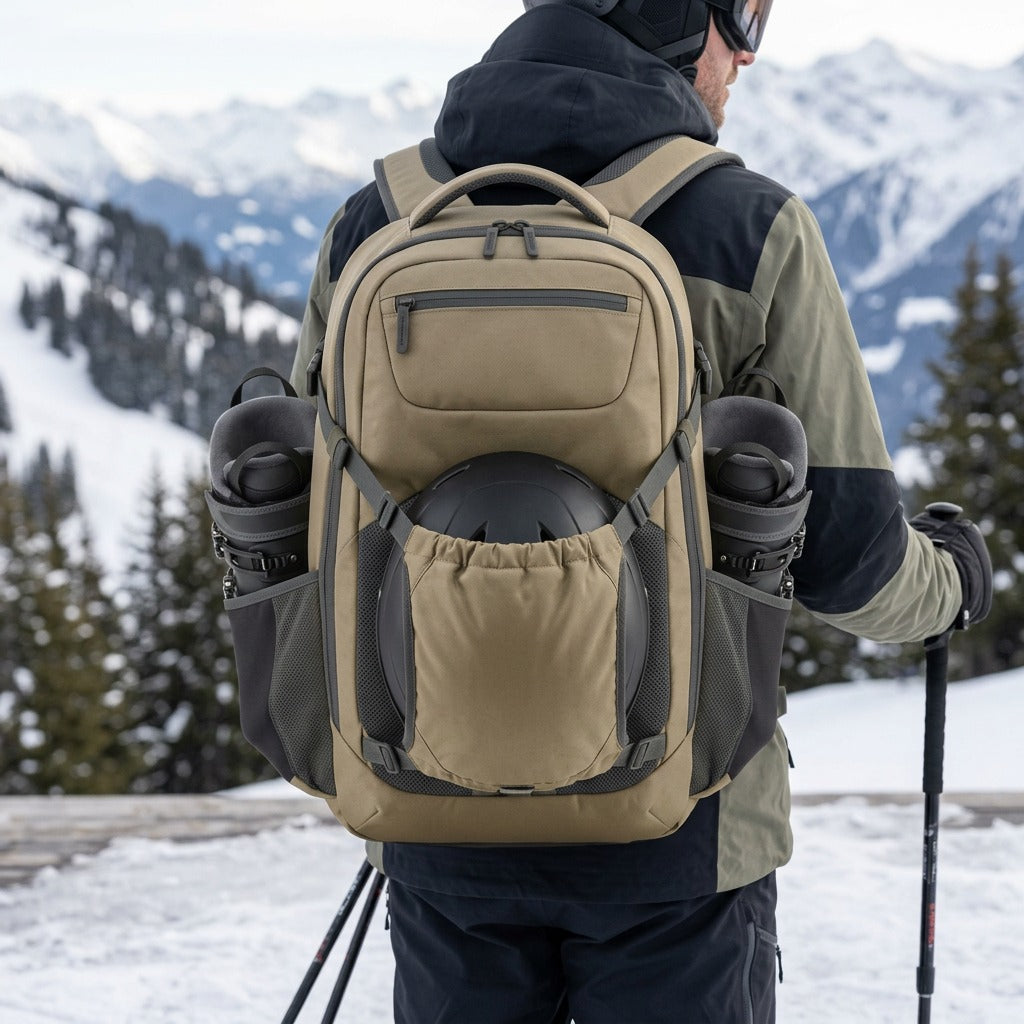 Person wearing the khaki Bugatti Tremblant Boot Backpack with ski boots and helmet attached.