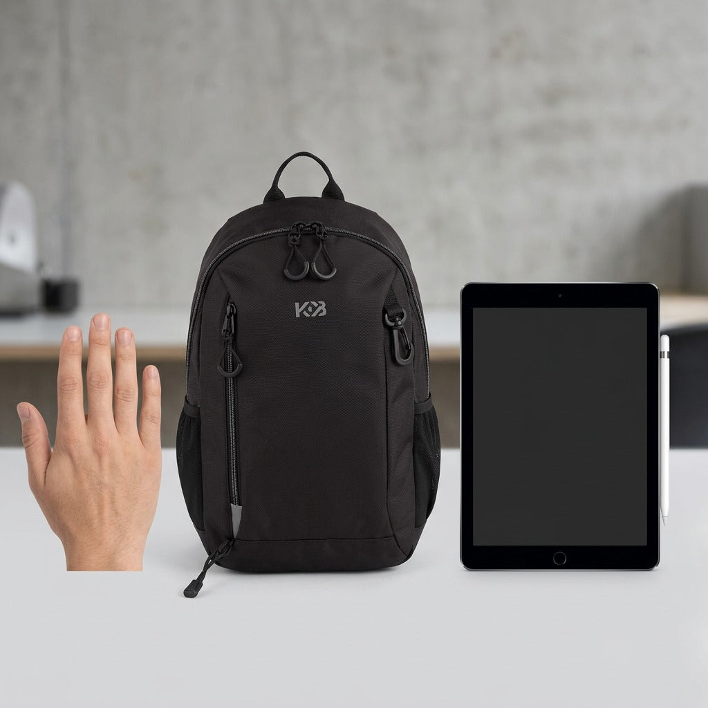 Bugatti Mini Adventure Backpack in black shown beside a human hand and a tablet for scale.