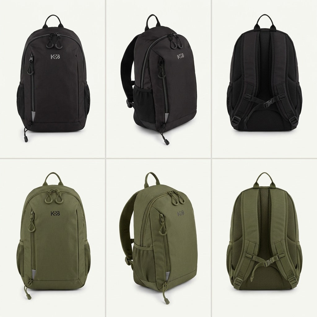 A grid matrix showing the Bugatti Mini Adventure Backpack in black and olive from multiple angles.