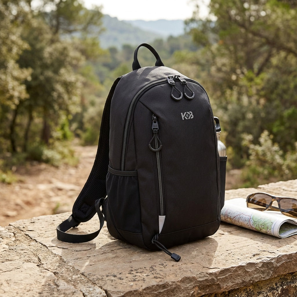 Black Bugatti Mini Adventure Backpack on a stone ledge with a map and sunglasses in a wooded area.