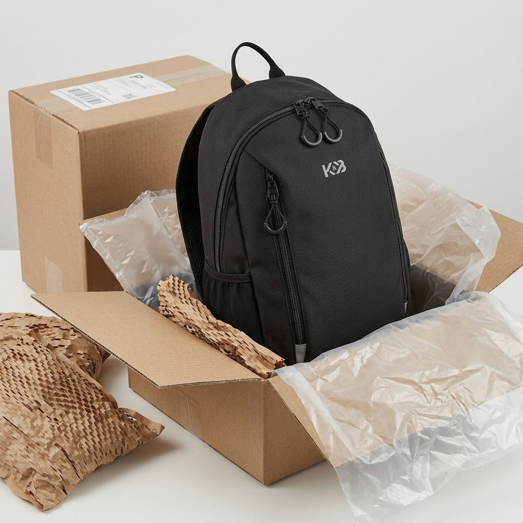 Bugatti Mini Adventure Backpack inside a shipping box with protective air cushions and cardboard.