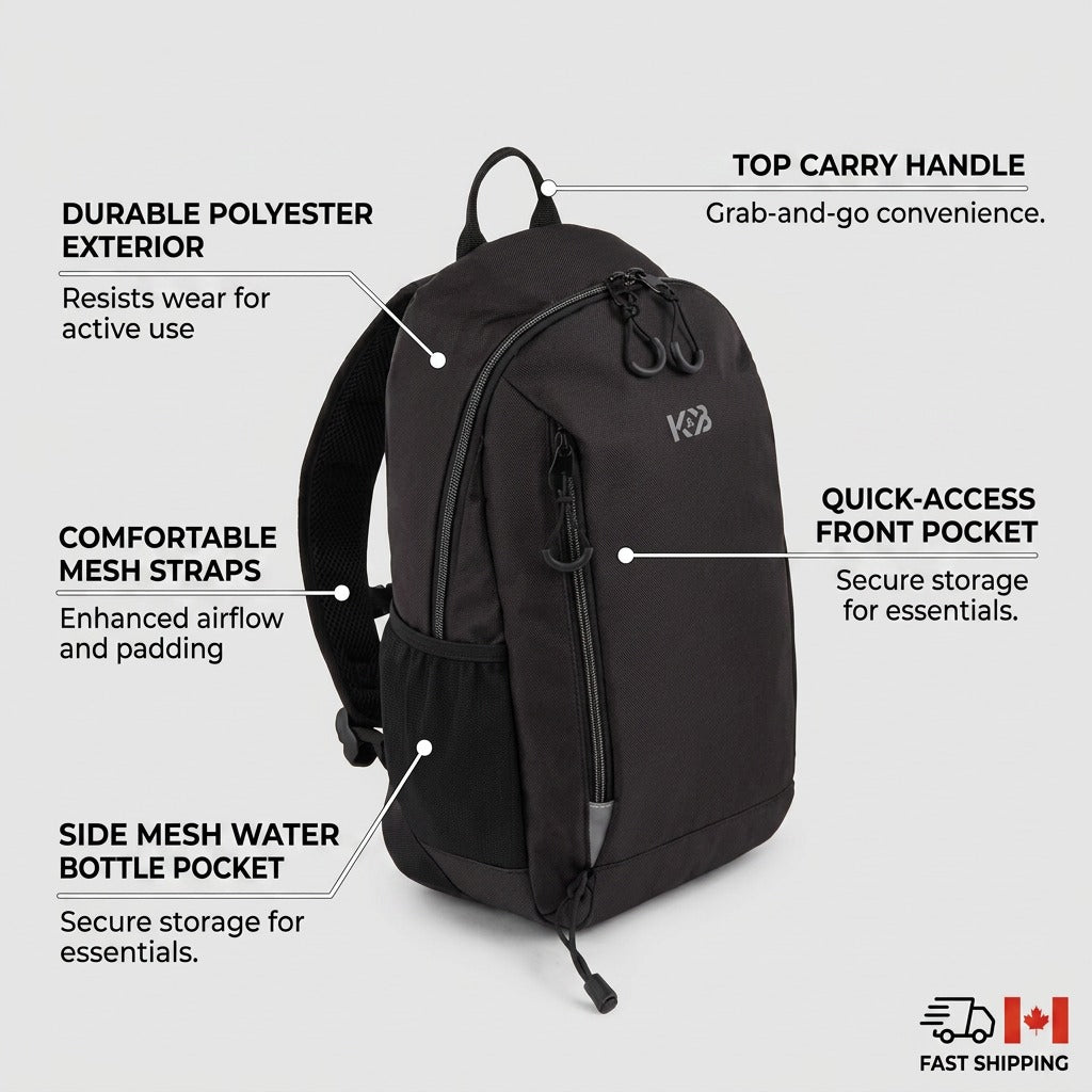 A black Bugatti Mini Adventure Backpack featuring callouts for its top handle, durable polyester exterior, mesh straps, and side water bottle pocket.
