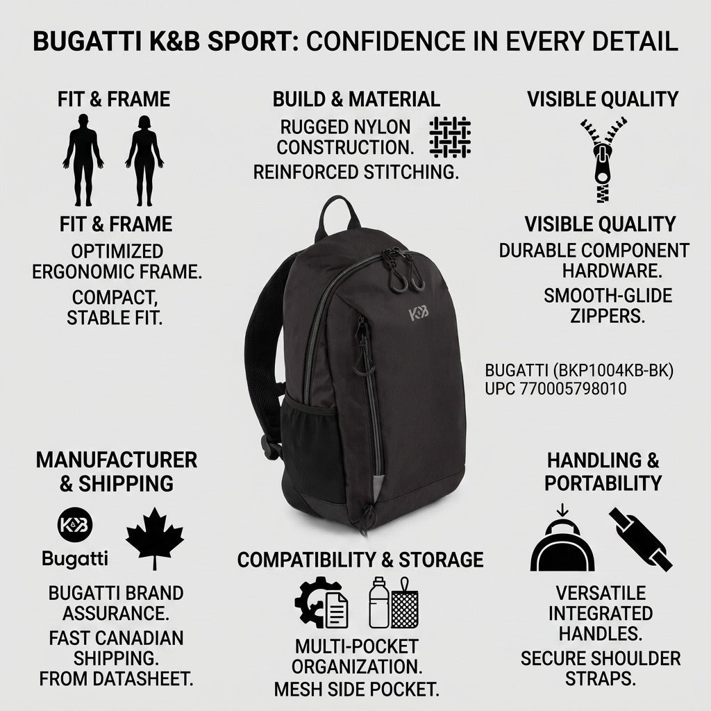 Bugatti K&B Sport Mini Adventure Backpack infographic highlighting ergonomic fit and quality build.